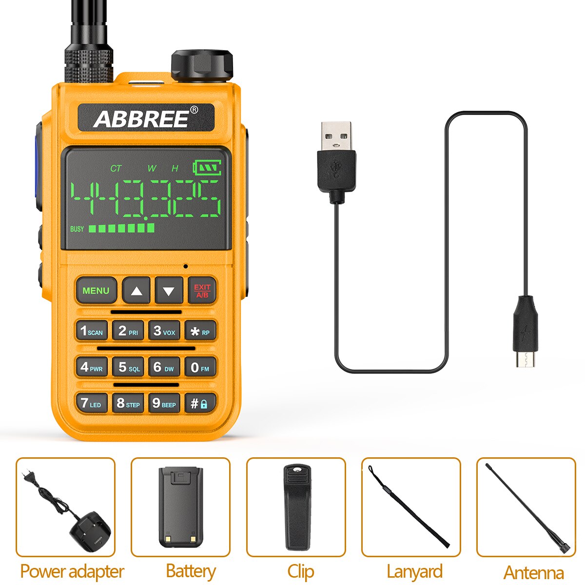 ABBREE-walkie-talkie de banda aérea AR-518, Radio de 2 vías con pantalla integrada, frecuencia de copia inalámbrica de 108 &quot;, 660-1,77 MHz: Yellow USB