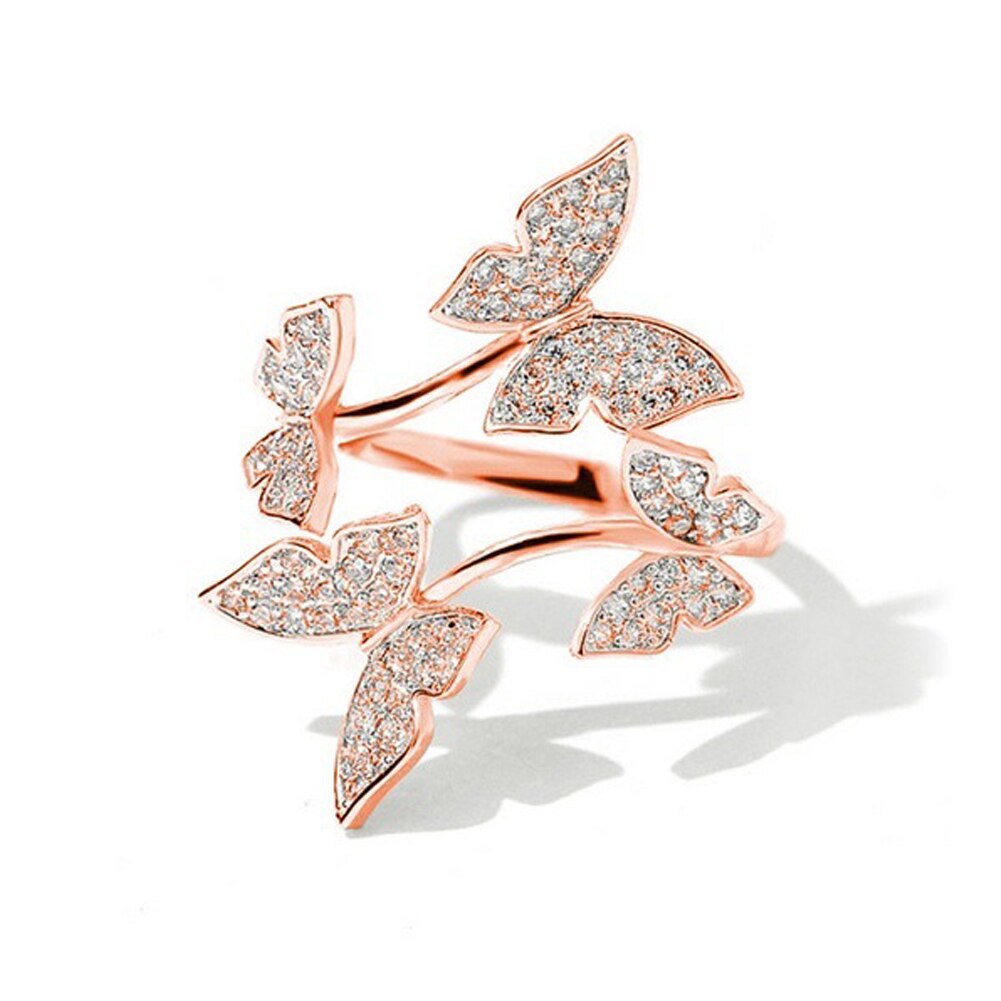 Luxo borboleta aberto anéis ajustáveis para mulher completa cristal anéis de casamento rosa ouro moda dedo anel de noivado feminino