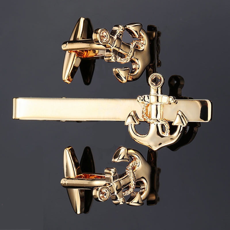 French Cufflinks Sets High Copper Material Men&#39;s Business Jewelry Golden Anchor Cuff Links Tie Clip Set