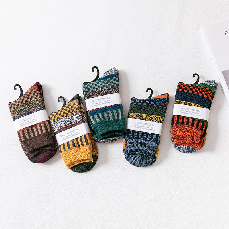 HSS-calcetines gruesos de lana para hombre, medias cálidas de estilo Retro nacional, botas de nieve cuadradas para pequeñas rayas, 5 par/lote