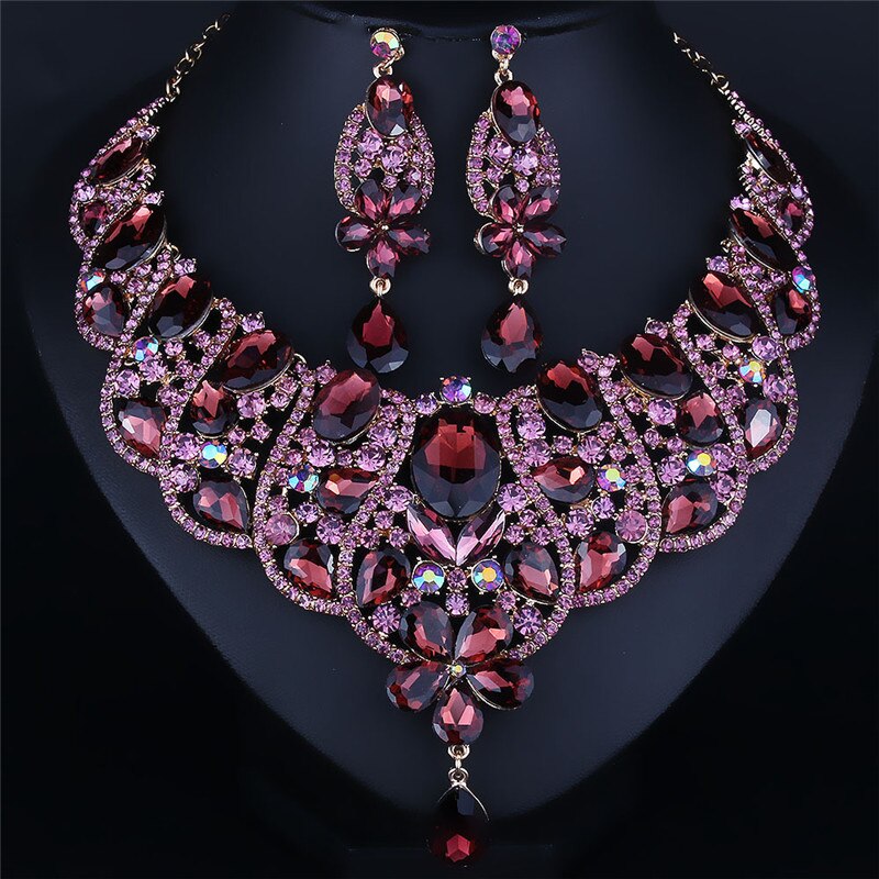 4 Colors Statement Flower Inlay Oval Colorful Crystal Bridal Jewelry Geometric Bending Necklace Earrings Rhinestone Jewelry Set: Purple