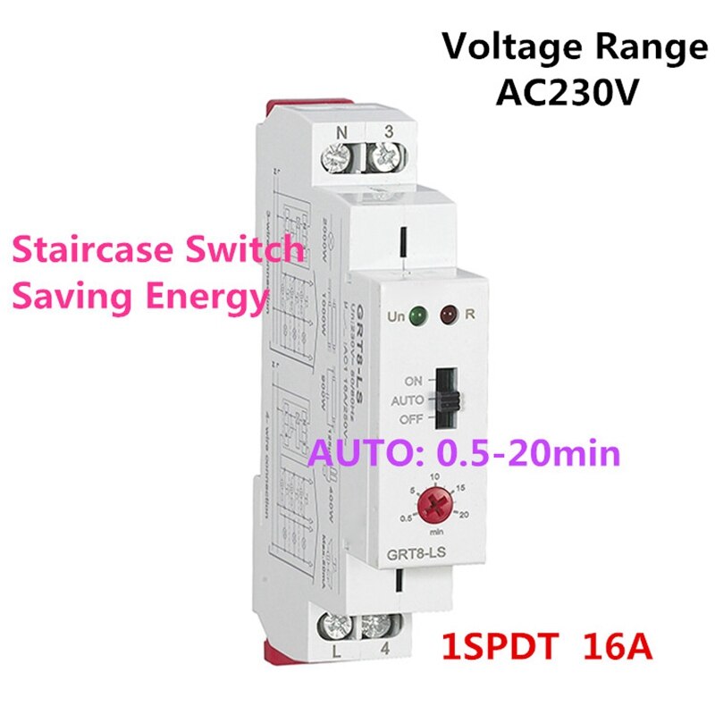 GRT8-LS Din Rail Staircase Switch Lighting Timer Switch 230VAC 16A 0.5-20Mins Delay Off Relay Light Switch