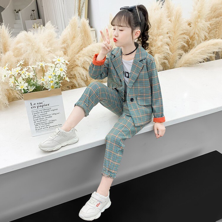 Girls' Plaid Double Breasted Suits Sets Children's Plaid Blazer Pants 2pcs Clothing Sets Kids Party Performance Costume