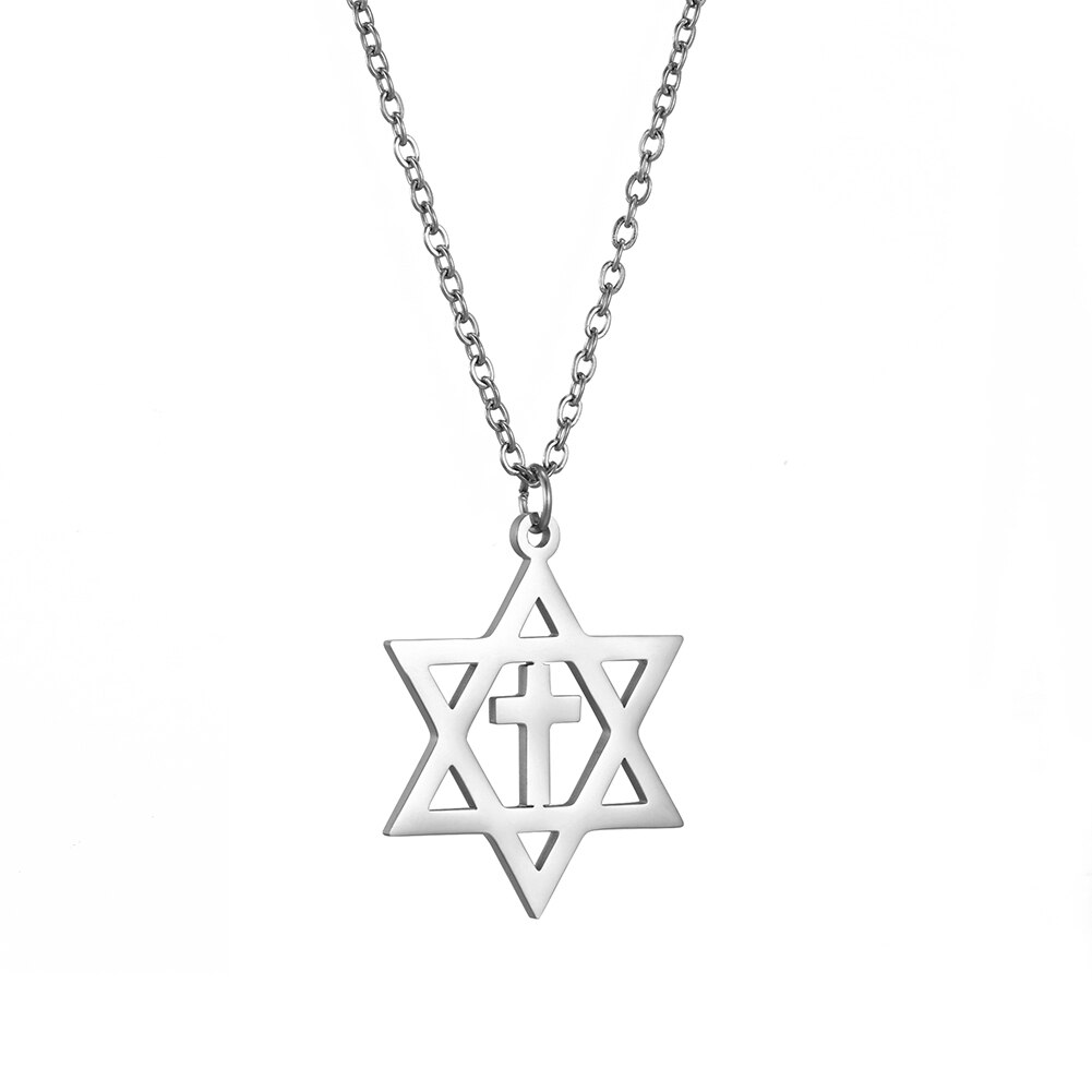 Män kvinnor trendiga magen david star hänge halsband israel judisk rostfritt stål kedja star of david cross charm choker smycken: 1 korshalsband i stål