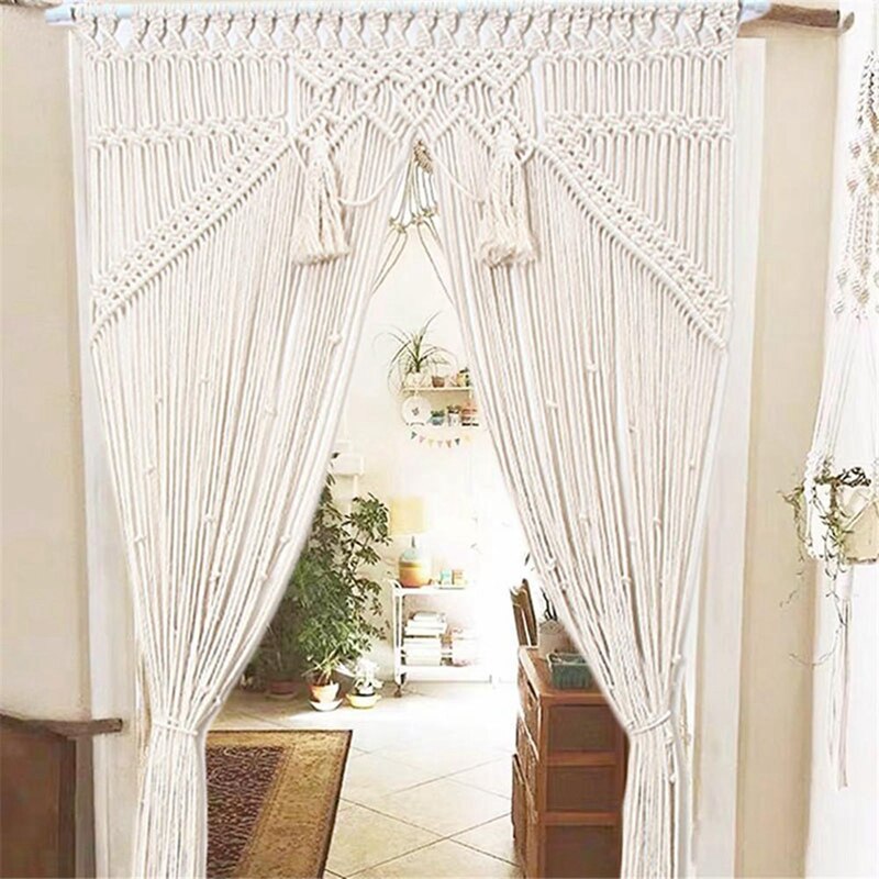 Cortina de macramé para ventana de puerta, grande, bohemia, para colgar en  la pared, decoración bohemia hecha a mano, telón de fondo de boda, arco y