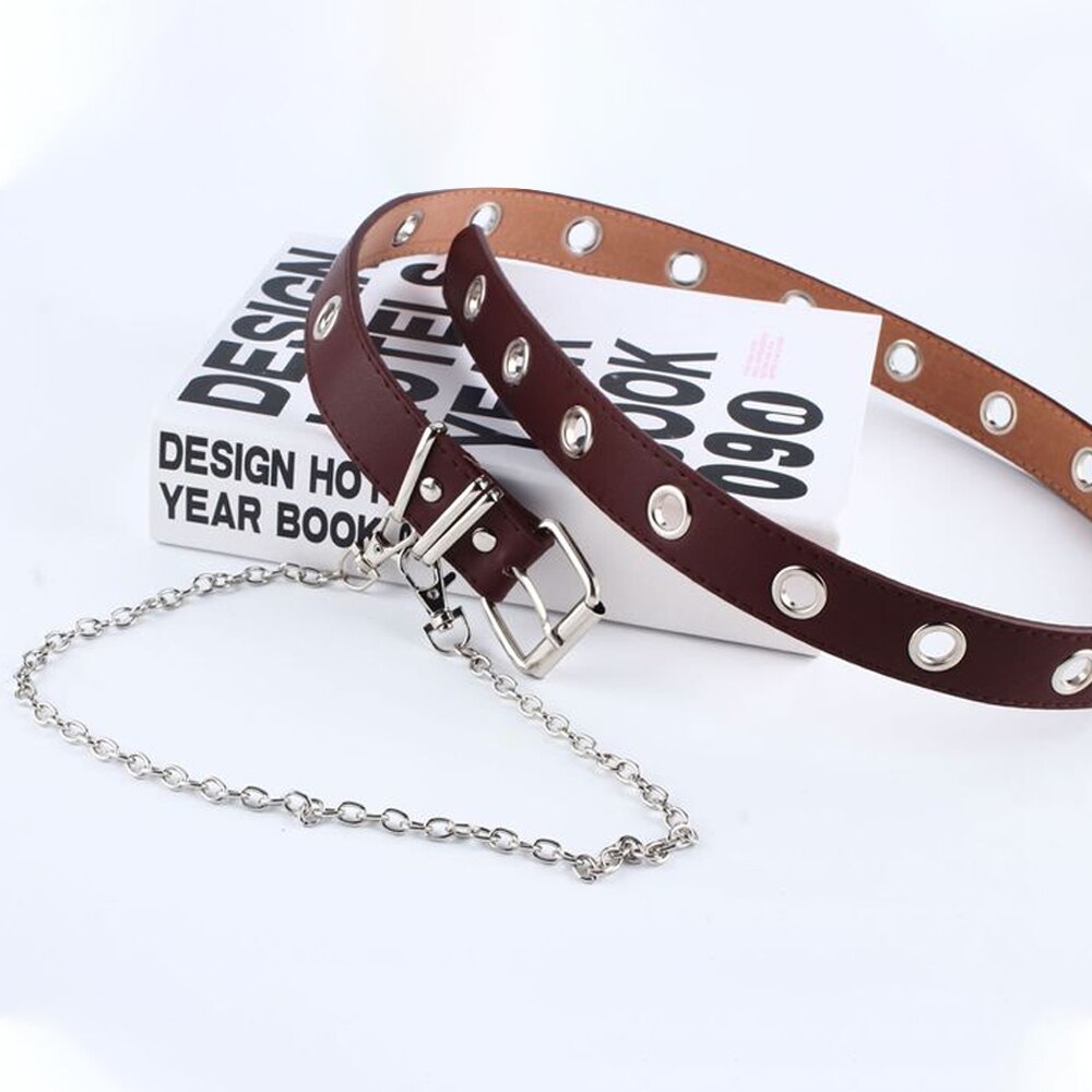 Harajuku belt Women Punk Chain Belt Adjustable Black Double/Single Eyelet Grommet Metal Leather Waistband For Jeans: 2