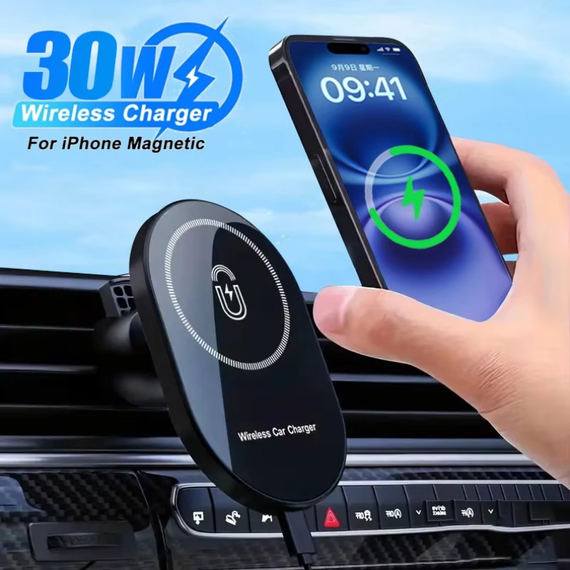 Cargadores magnéticos inalámbricos para coche, soporte de teléfono con salida de aire de 30W para Magsafe iPhone 16, 15, 14, 13, 12 Pro Max, estación de carga rápida para coche