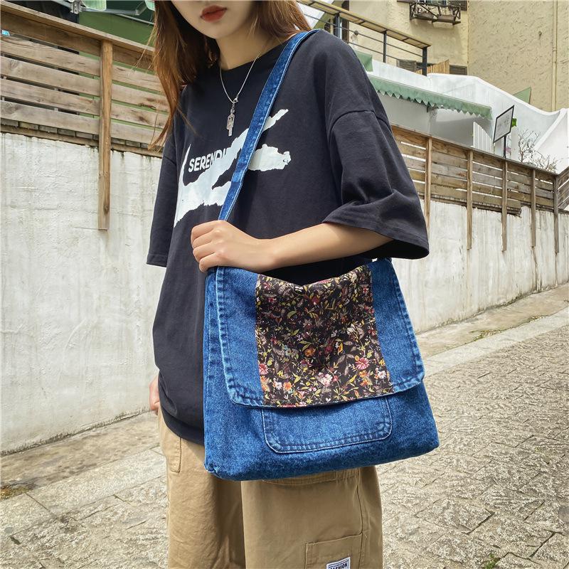 Bloemen Vintage Denim Schoudertassen Vrouwen Eenvoudige Jeans Blauwe Handtas Grote Capaciteit Mode Vrouwen Tote Messenger Boodschappentas: Blauw