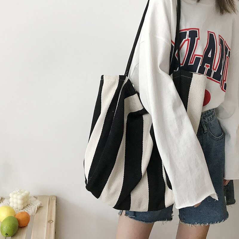 lässig gestreiften große kapazität totes frauen handtaschen leinwand damen schulter umhängetasche weiblichen groß einkaufen geldbörsen 2002: Schwarz