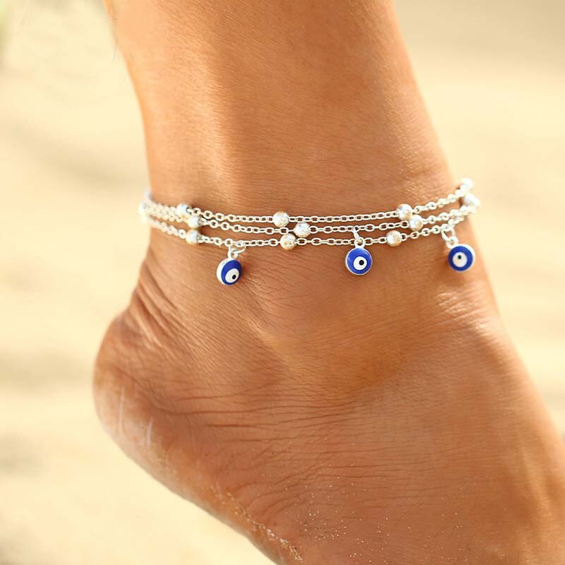 Tobillera Bohemia con colgante de ojo malvado azul, cadena para pierna, Accesorios de playa Retro de verano, joyería de múltiples capas para pies, cadenas de cuentas