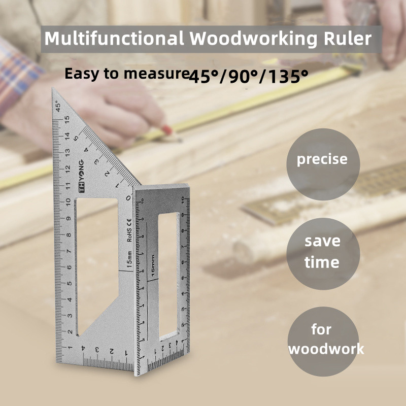 Winkellineal aus Aluminiumlegierung, Holzbearbeitungslineal, 90–45-Grad-Drehlineal, multifunktionales dreieckiges Messlineal, Holzbearbeitungswerkzeuge
