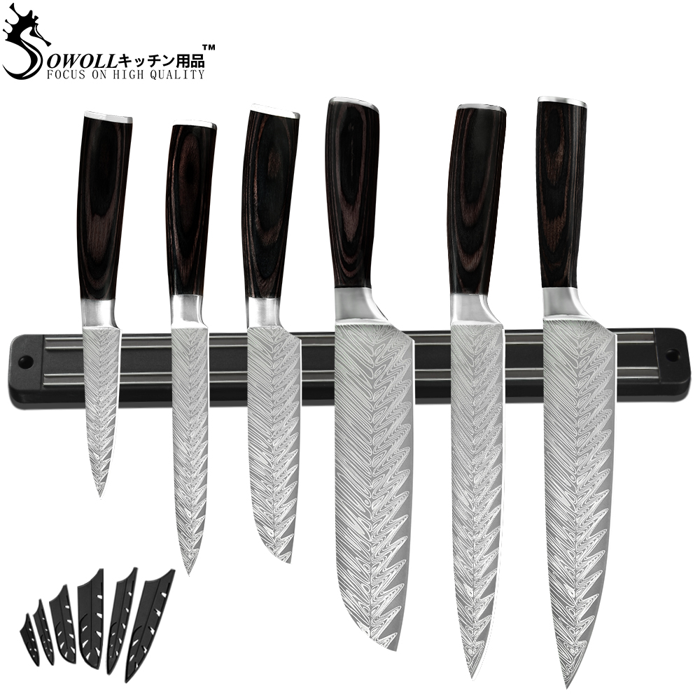 Sowoll Kitchen Stainless Steel Knives Tool Fruit Utility Santoku Chef Slicer Damascus Veins Kitchen Knives Scissor Sharpener Bar: D.7PCS SET