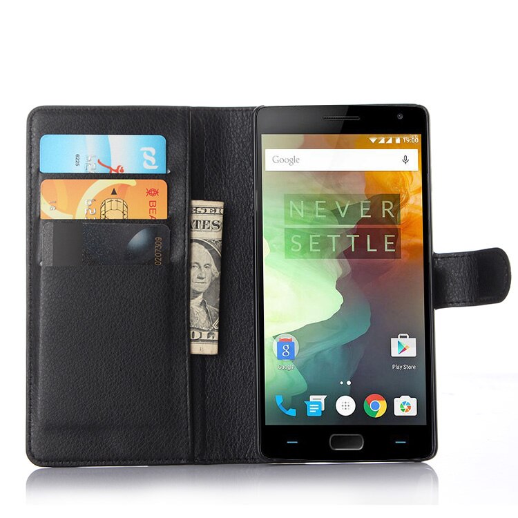Voor Oneplus Twee 2 Portemonnee Kaart Stent Gevallen Lichee Patroon Flip Leather Case Bescherm Cover Black Case Voor Oneplus2: Black