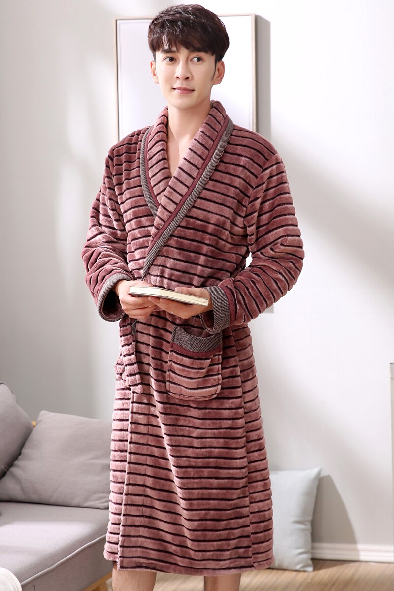 Winter Casual Striped Flannel Male Nightwear Men Bathrobe Belt Bathroom Spa Thick Coral Fleece Men Robe XXXL