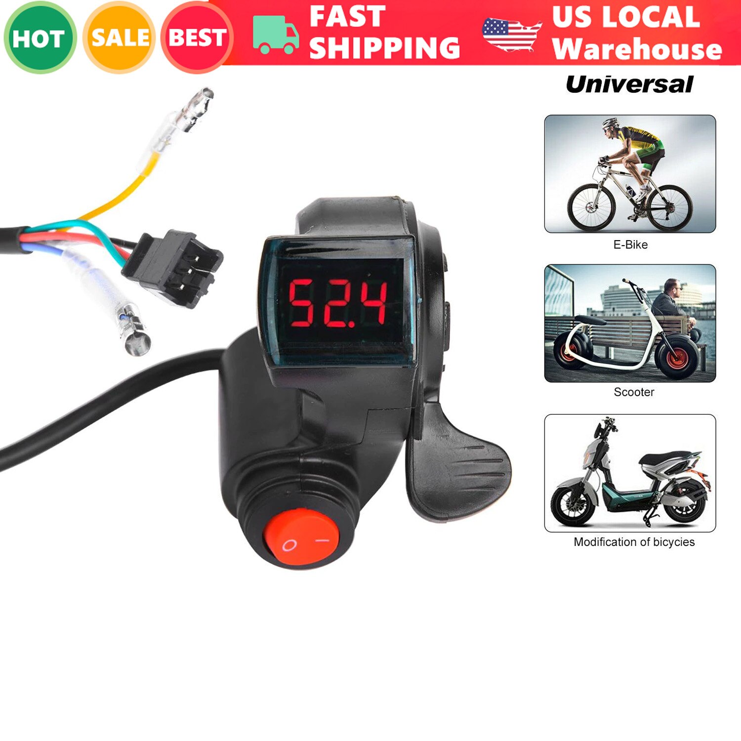 E-Bike Thumb Throttle Display LCD Display Digital Battery Voltage Power Switch Electric Vehicle Finger Thumb Throttle E-bike