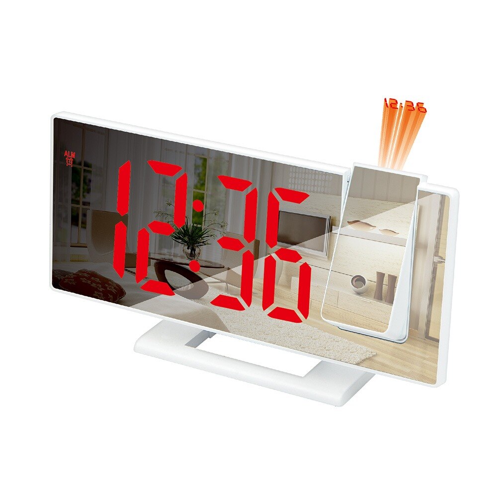 Reloj Digital de despertador con efecto espejo y luz LED para mesilla de noche y dormitorio, Despertador con USB, Radio FM, proyector de tiempo, reloj para mesilla de noche y dormitorio: B-white red