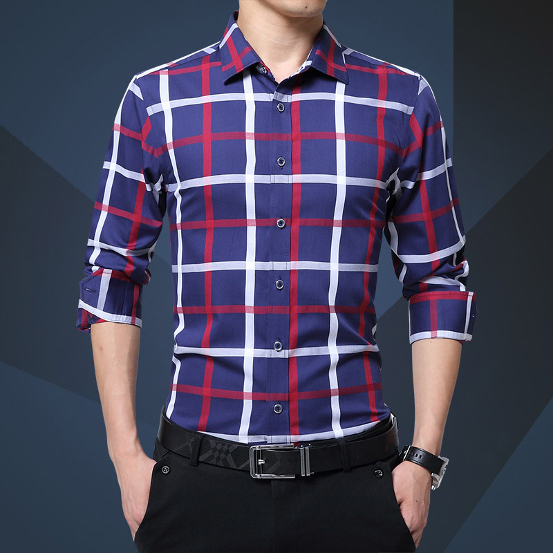 Good Men Spring Shirt Slim Fit Plaid Shirts Long Sleeve Cotton Dress Button Casual Camiseta Masculina Checkered Shirt