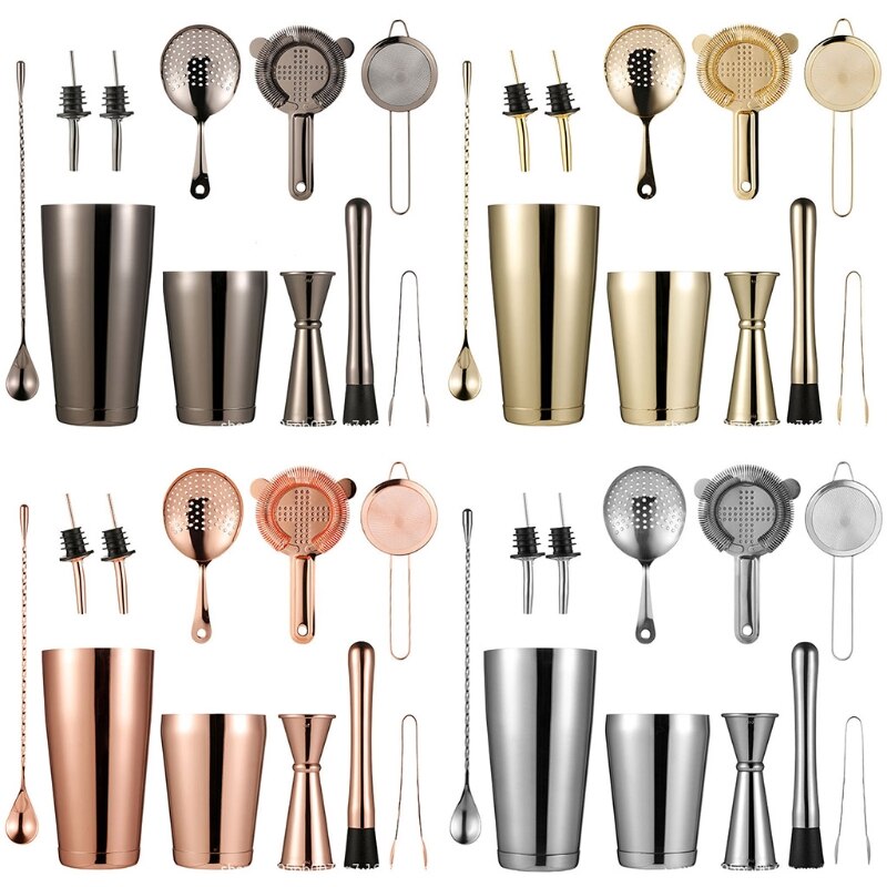 11pcs Stainless Steel Cocktail Shaker Bar Strainer Double Jigger Muddler Spoon M68E