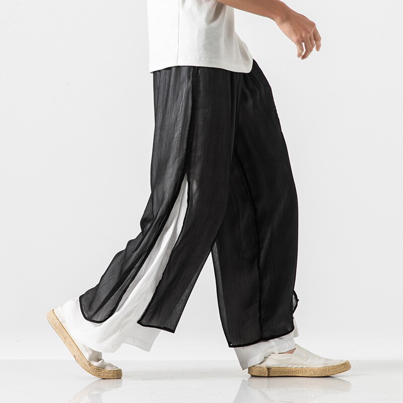 Pantalones de lino y algodón de doble capa para hombre, pantalón informal de pierna ancha, ropa de calle, Pantalones rectos sueltos de empalme de malla, de verano