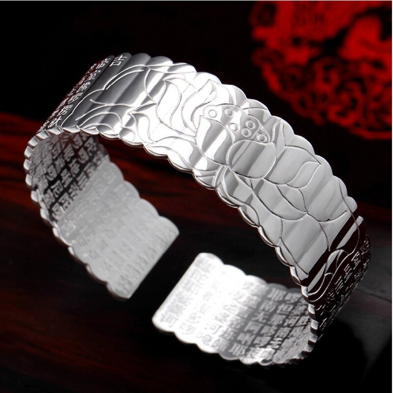 Sangsy vintage sølvfarvet manchet mantra armbånd mænd hjerte sutra armring lotus blomst armbånd tibetansk buddhisme etniske smykker: 3-