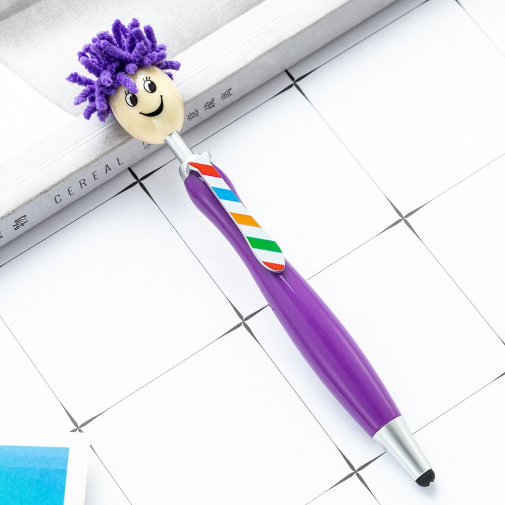 Estantes de cabeza de fregona de pelo de felpa, bolígrafos con pintura, expresión Facial, bolígrafos con forma de muñeca de dibujos animados, cara sonriente colorida: Azul marino