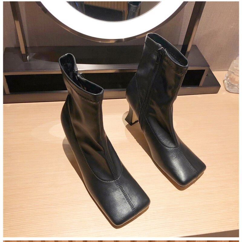 Women Soft Leather Sock Boots Square Toe Beige Yellow 6cm High Heels Ankle Boots Elastic Chelsea Boots Shoes Botas Mujer: Black / 6.5