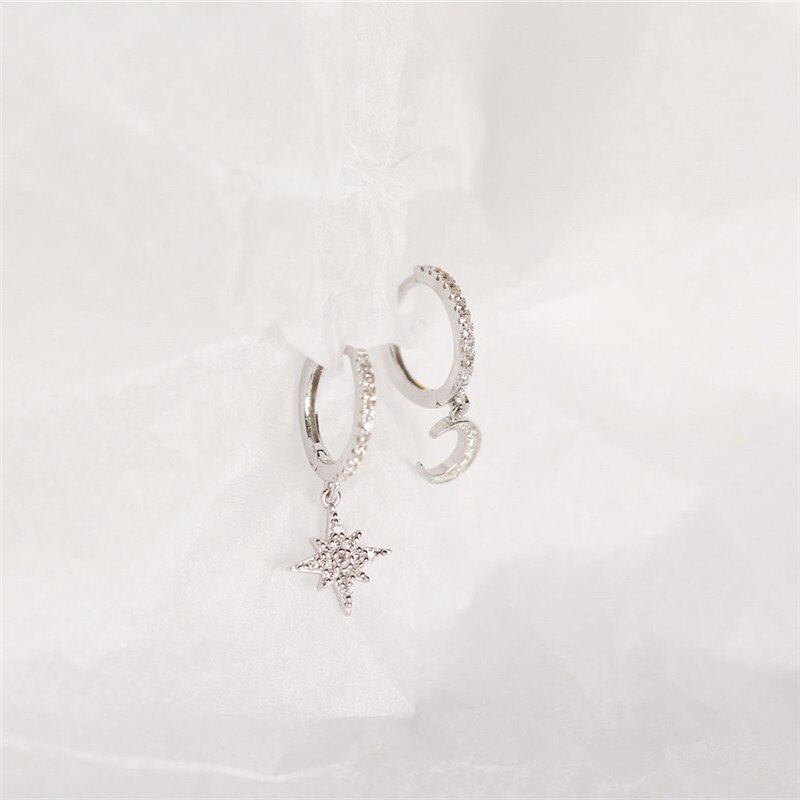 Ying Vahine 100% Plata de Ley 925, Pendientes colgantes asimétricos de luna y estrella para mujer