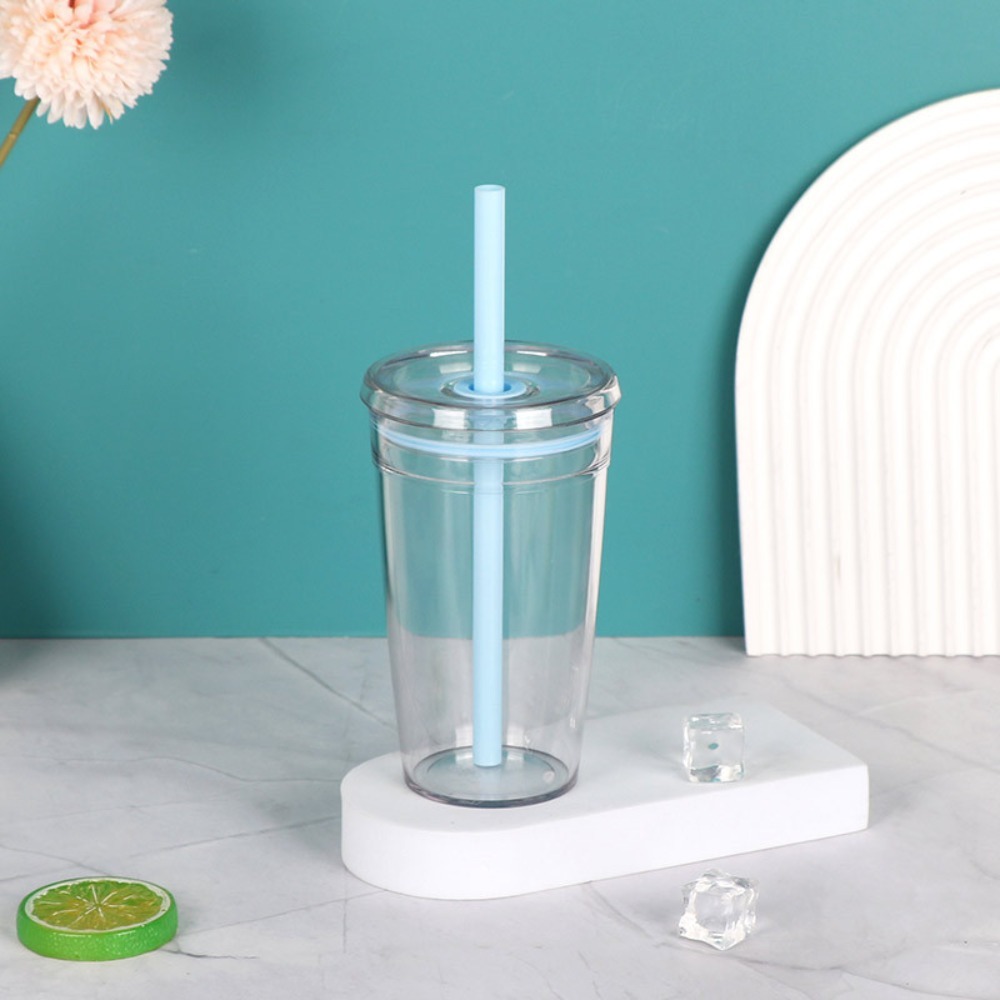 Taza con pajita portátil de 450ml, vaso transparente de una sola capa para beber, vaso de plástico reutilizable para coche, hogar: Negro