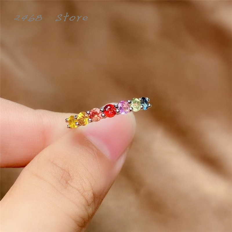 The 925 silver inlaid natural colored sapphire ring, rainbow color, exquisite small row ring, fashionable and versatile