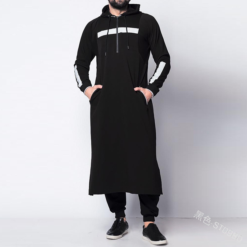 Moslim Mannen Jubba Thobe Arabische Islamitische Kleding Saudi Arabië Gewaad Abaya Dubai Losse Blouse Turki Kaftan Sweatshirt Abayas S-5XL: L / Black