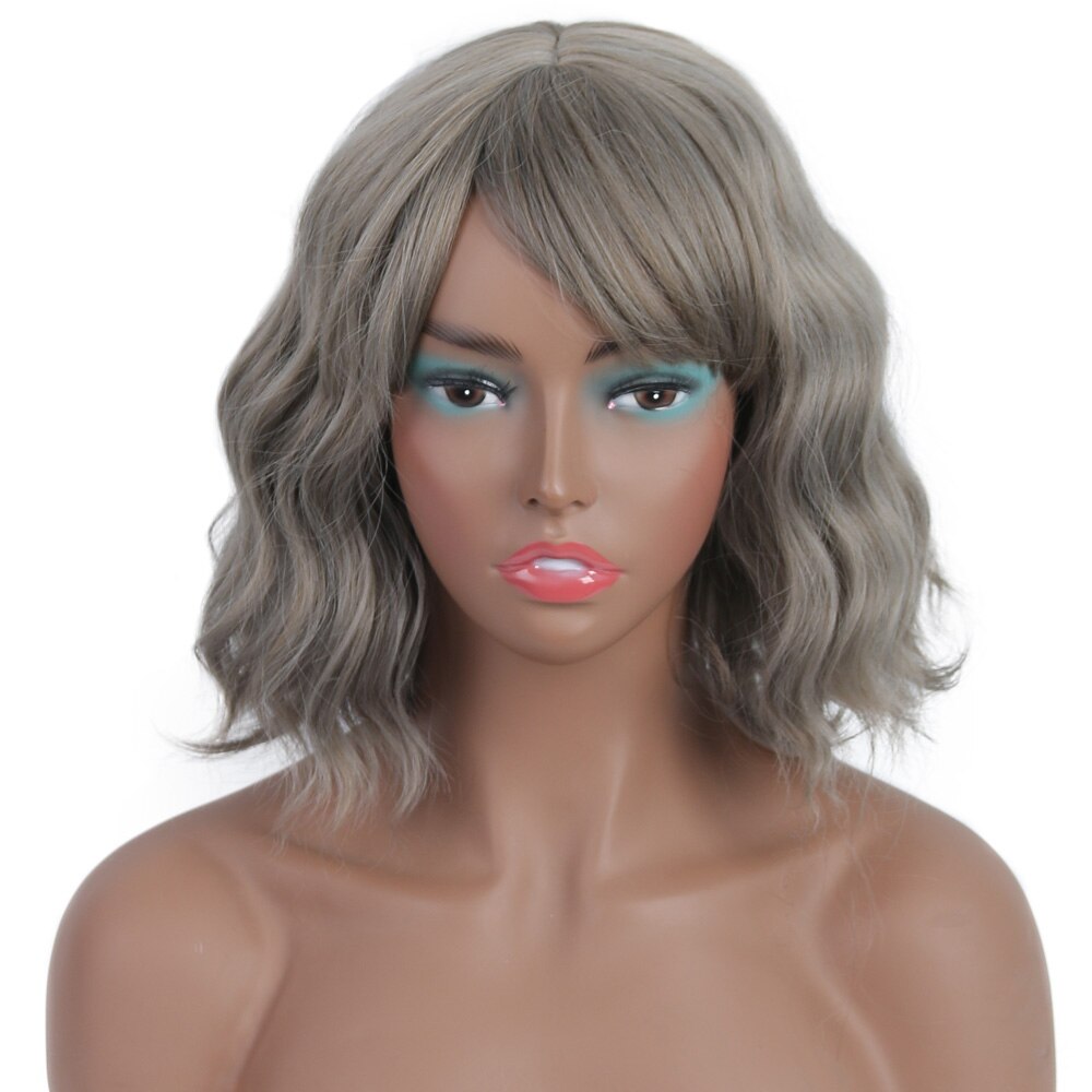 MODERN QUEEN 12" Short Water Wave Wig with Bangs Mix Grey Synthetic Wigs for Women Brown Cosplay Bob Wigs Female Daily Party