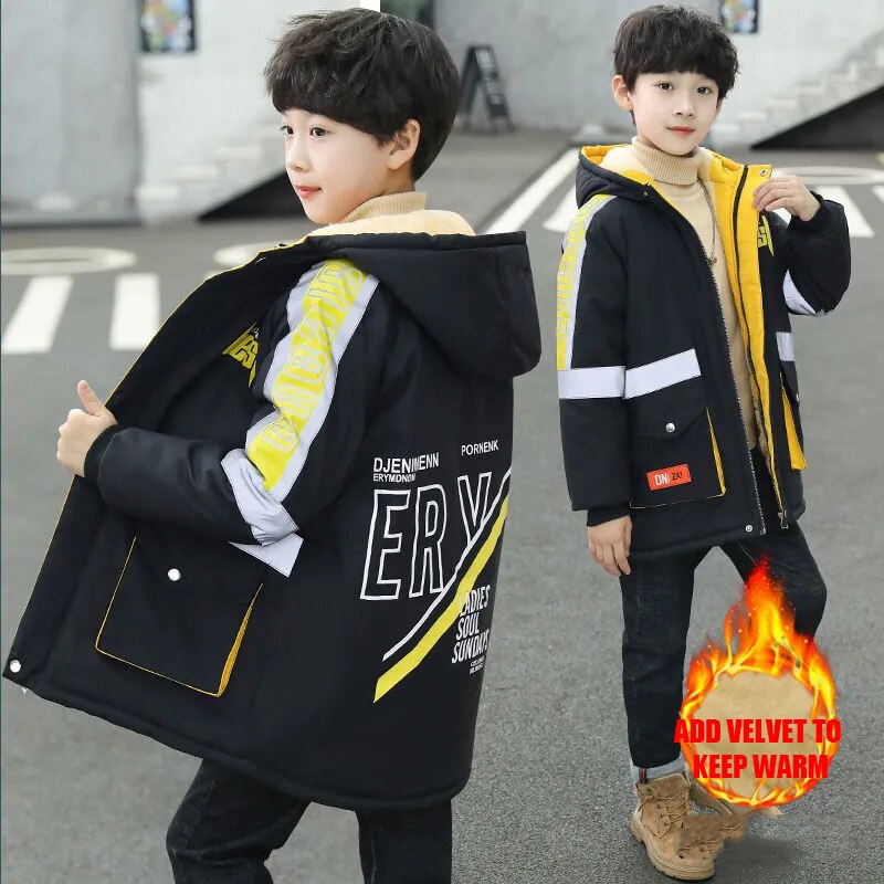 Polyester Winter Jacke Für Jungen Neue Plus Samt Verdickung warm Halten Winddicht Mit Kapuze Kragen Spleißen freundlicher Kleidung