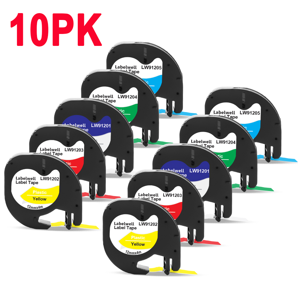 Labelwell 7PK 91202 91222 91332 plastikowa etykieta dla Dymo LT 12mm taśmy LT 91201 91200 91203 91204 12267 dla Dymo LetraTag LT-100H: 10PK Mixed Labels