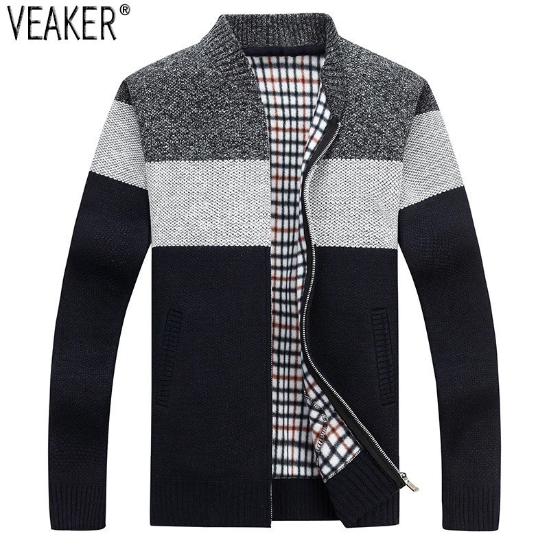 Herfst heren dikke sweaterjas gestreepte staande kraag rits trui jas bovenkleding winter fleece kasjmier voering truien