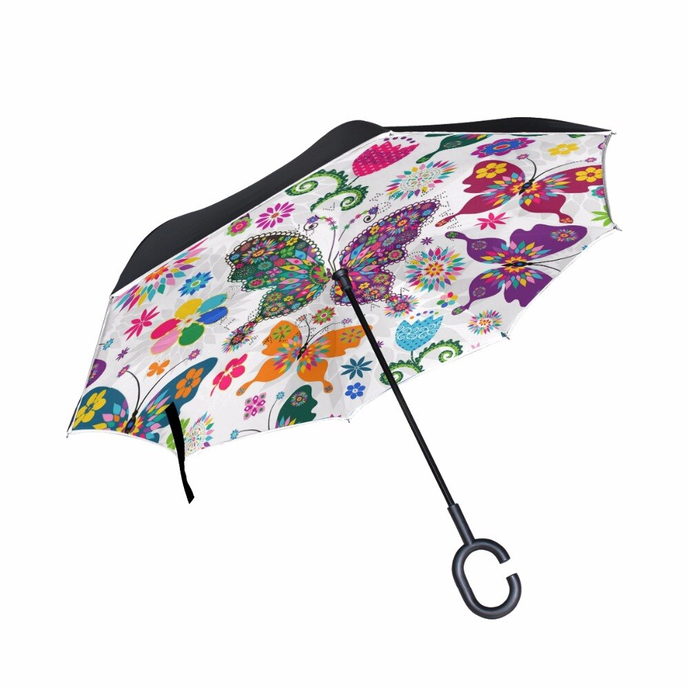 Butterfly Reverse Umbrella Women Double Layer Umbrellas C-Hook Handle Car Umbrella Windproof Waterproof Useful