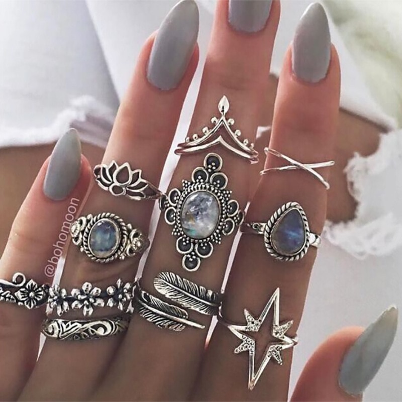 11 stks/set Vintage Knuckle Joint Ringen Set Voor Vrouwen crystal lotus Veer Gesneden vinger Ring Meisjes Bohemian Sieraden
