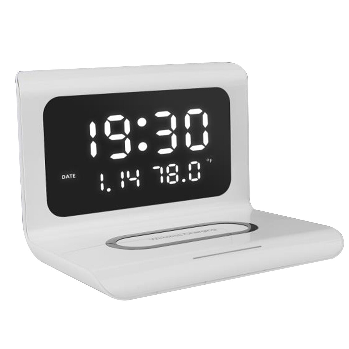 Trådløs oplader digitalt vækkeur 10w qi hurtigopladningsplade desktop home decor termometer kalender til iphone samsung: Hvid