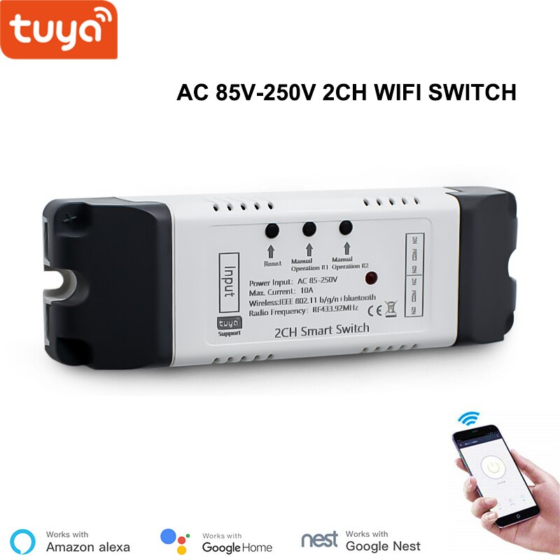 Smart Garage Door Opener RF WiFi Switch Sliding Gate Controller Work With Alexa Google Home SmartLife Tuya APP Remote Control: 2CH 85-250V CASE