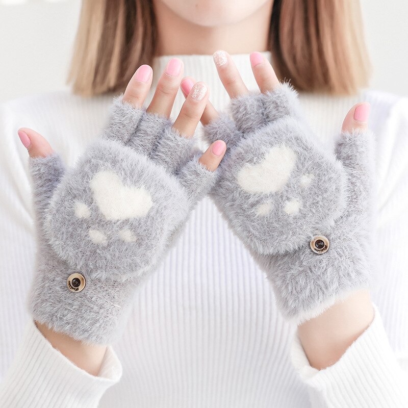 Winter Warme Zachte Konijnenbont Knit Mittens Vrouwen Flip Half Vinger Pluche Dikke Leuke Cartoon Kat Klauw Touchscreen Rijden handschoenen I1