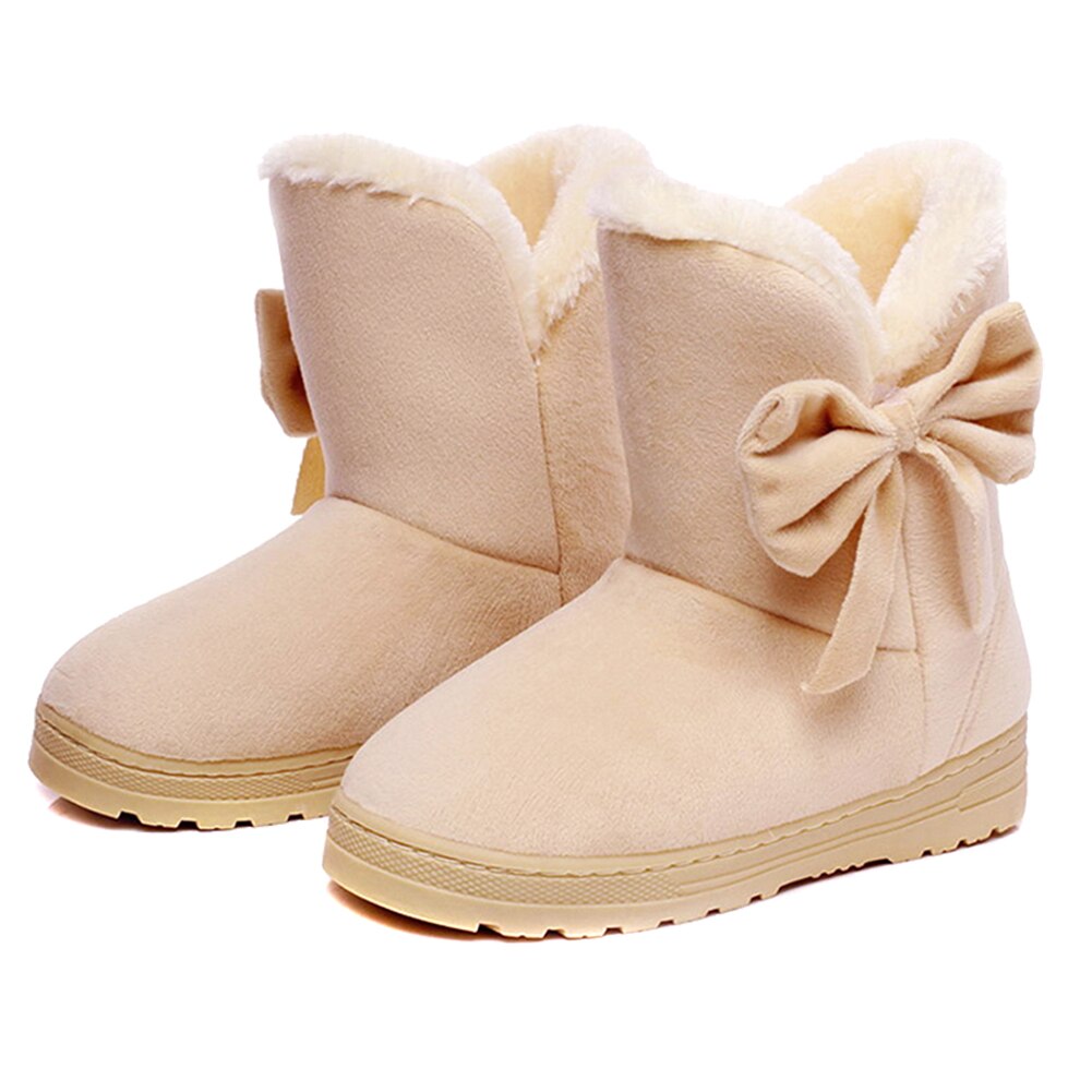 1 Pair Women Snow Boots Warm Shoes Bowknot Plush Anti-slip for Winter Outdoor ALS88: beige  35-36