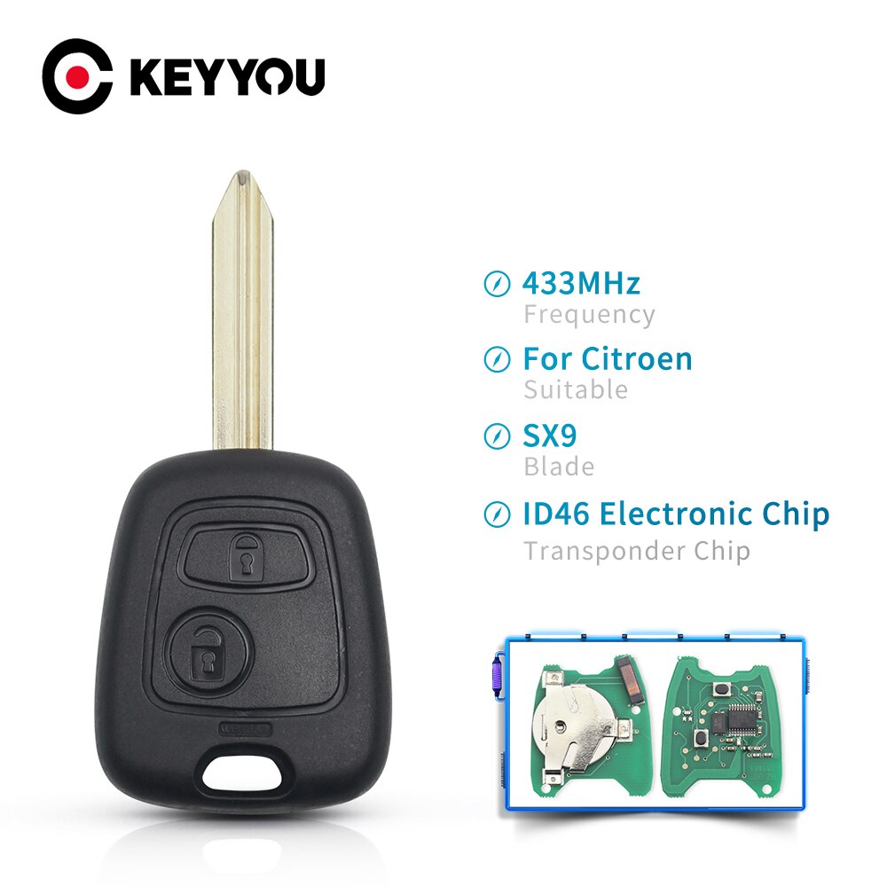 KEYYOU-clé télécommande à 2 boutons, transpondeur HU83, pour voiture PEUGEOT 307 et citroën C1 C3, 433MHZ, transpondeur PCF7961: SX9 Blade