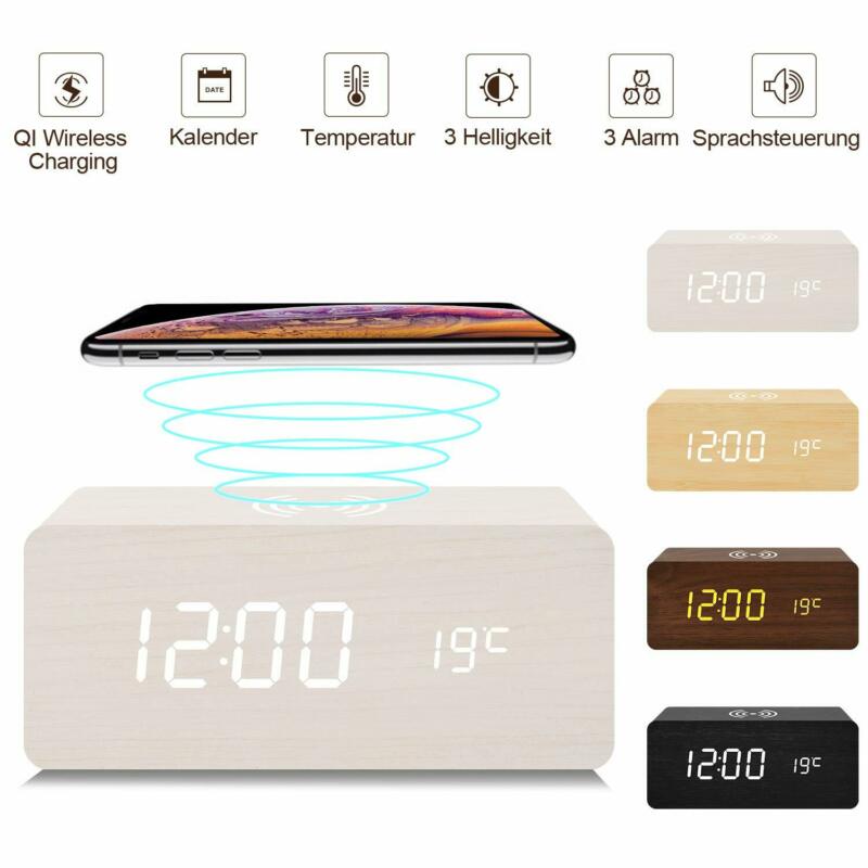 4 Kleuren Moderne Houten Digitale Led Desk Wekker Thermometer Qi Draadloze Oplader Voor Home Office