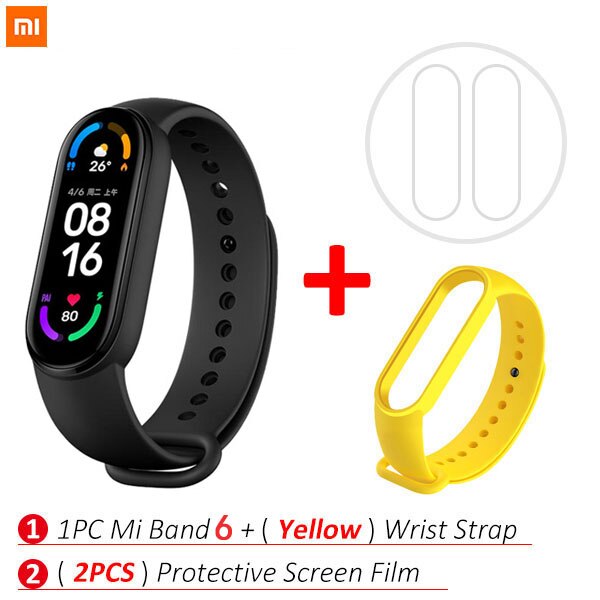 Xiaomi-pulsera inteligente Mi Band 6, dispositivo con control del ritmo cardíaco y del oxígeno en sangre, Pantalla AMOLED a Color de 1,56 pulgadas, Bluetooth, 5 colores: Add Yellow Strap