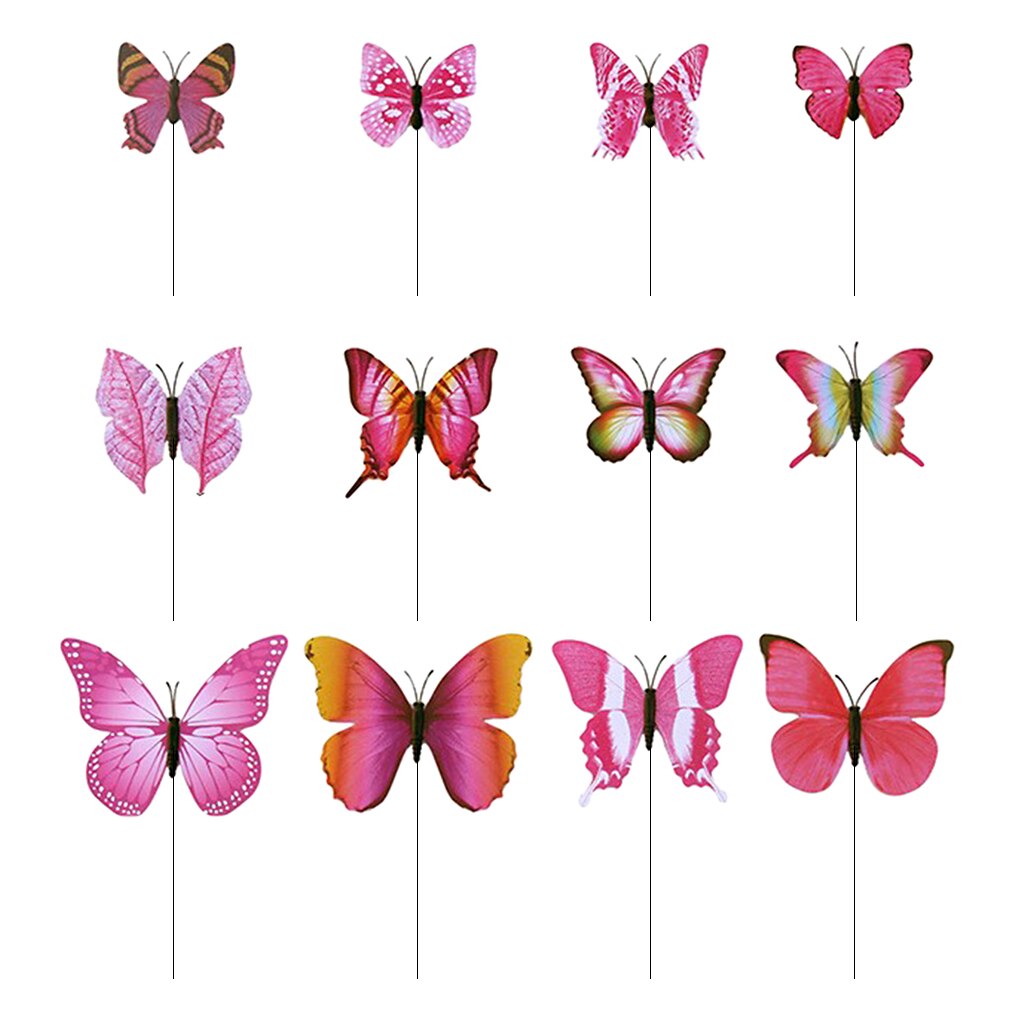 12pcs Colorful Butterfly Stakes Outdoor Yard Garden Flower Pot Decoration Craft Butterfly Stakes Decor Butterfly Stakes: Rose Red as describ