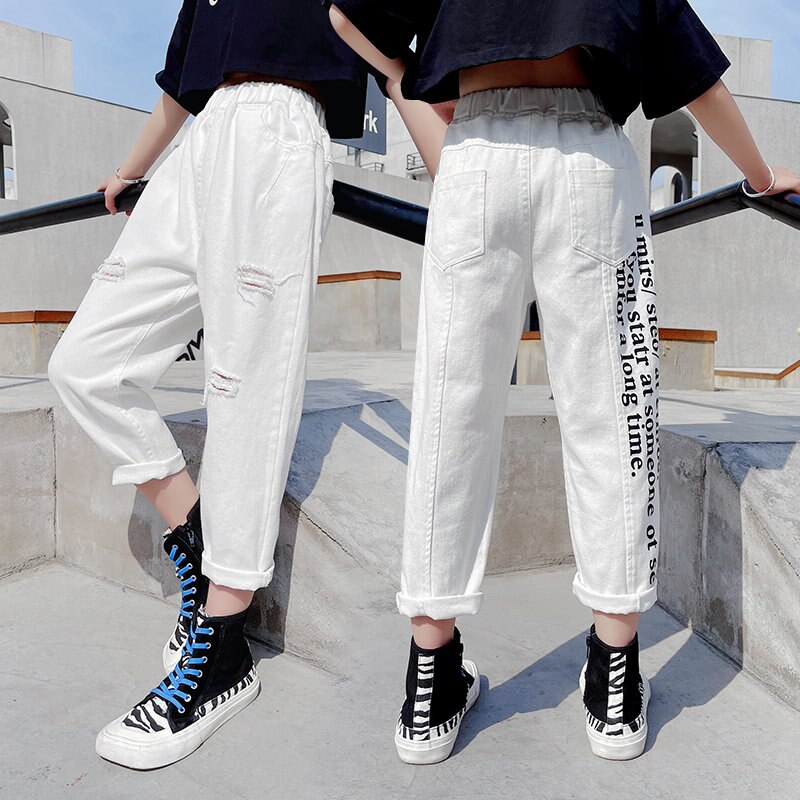 Pantalon en Denim blanc pour adolescentes de 4 à 14 ans, nouvelle de printemps, avec lettres imprimées, Jeans déchirés de Style coréen, vêtements pour enfants,