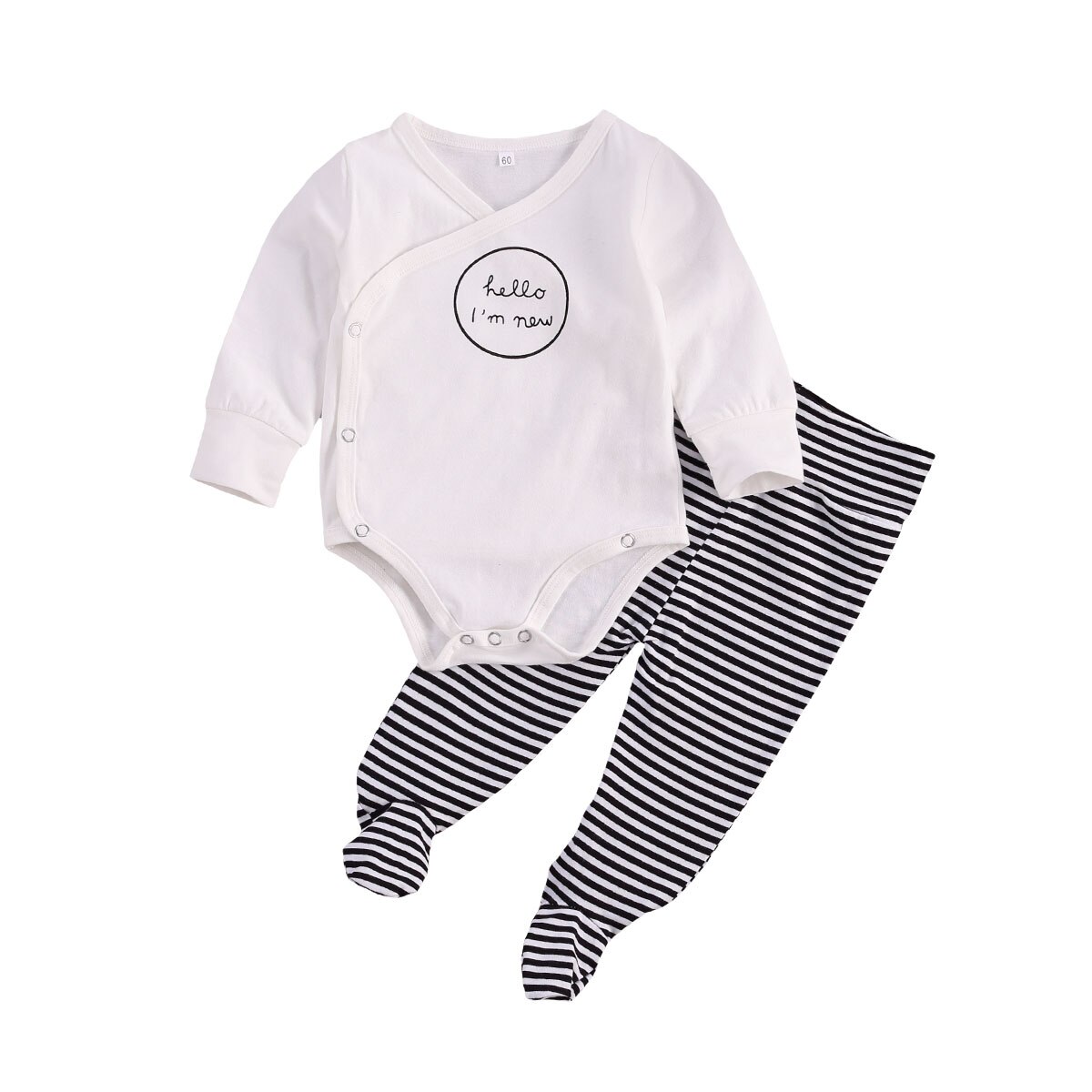 2Pcs Newborn Outfits Letter Print Cross Collar Long-Sleeves Rompers + Stripes Pants-Hoses for Baby Toddlers Girls Boys 0-6M