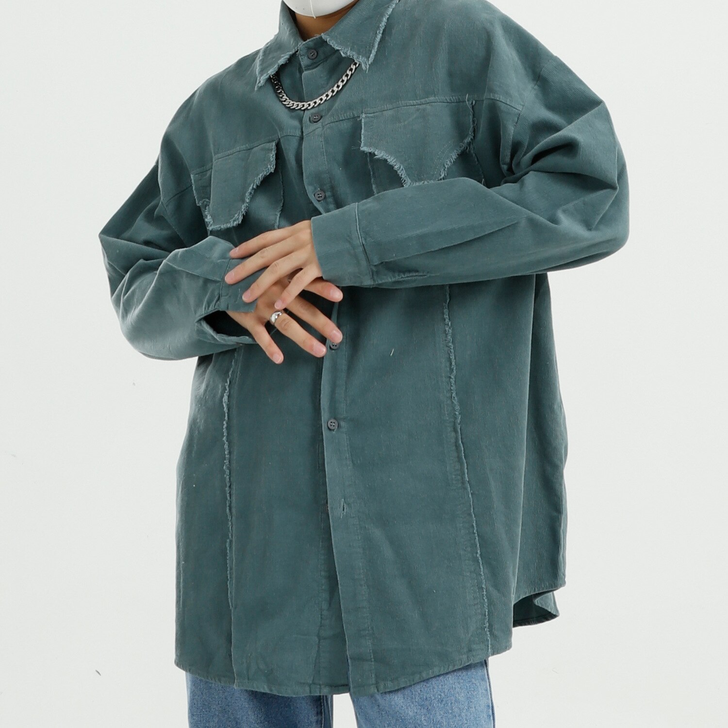 Menn kordfløyel ødelagt vintage stil bokstavtrykk langermet uformell løs skjorte mannlige kvinner par streetwear hip hop dress skjorter