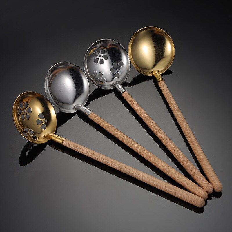 Japanese Wooden Handle Anti Soup Stainless Steel Soup Leakage Ramen Spoon Home Kitchen Gadget