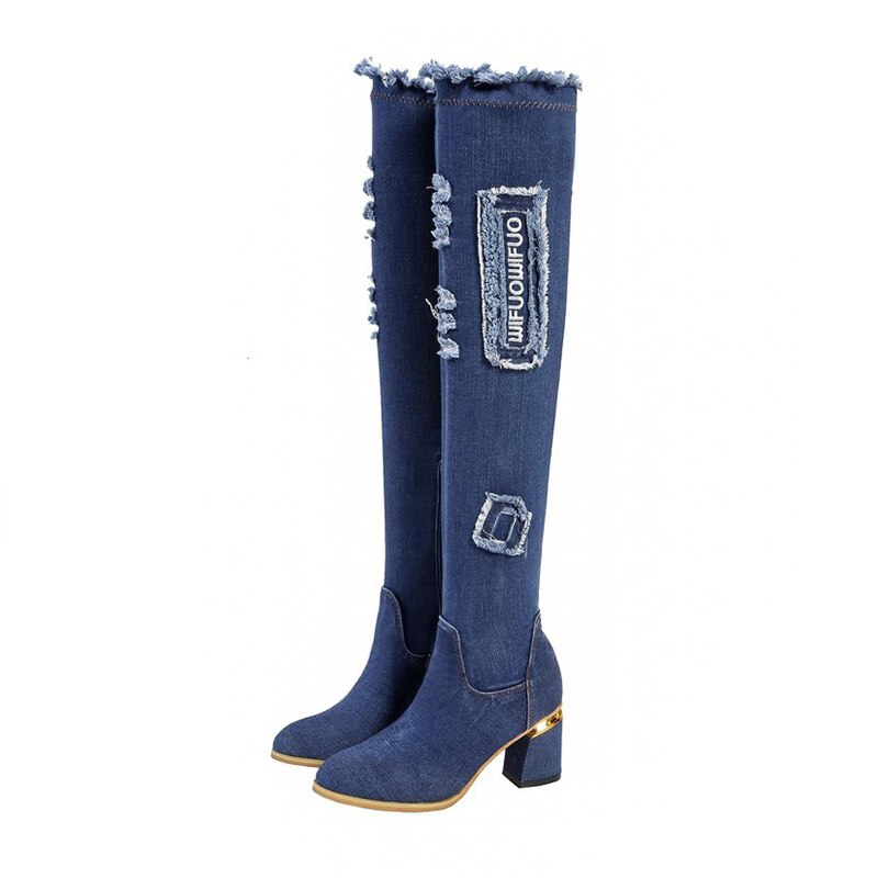 Denim damskie buty na buty do kolan szpiczasty nosek grube szpilki buty kobieta dorywczo dżinsy z frędzlami zakolanówki buty Botas Mujer: blue / 7.5