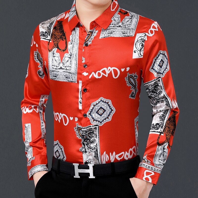 Heren zijden overhemden met lange mouwen, bedrukte poplin jurken, casual satijnen bloemenkleding voor heren